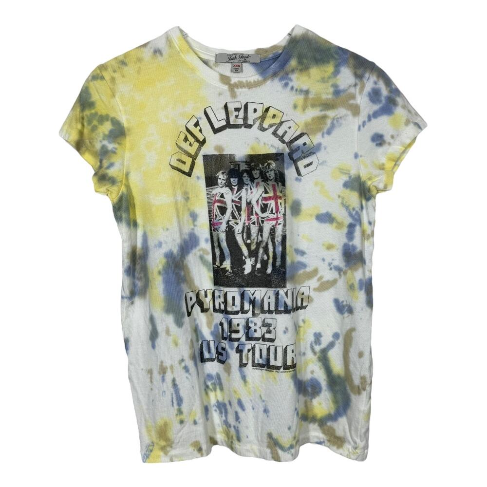 Junk Food Def Leppard Tie Dye Graphic Band Tee XXS Rock Roll Blue Yellow New